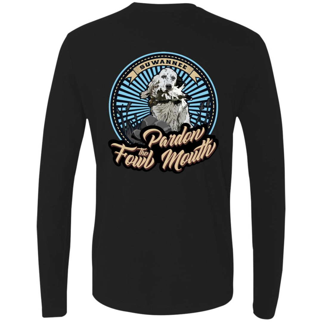 Mens long sleeve black tee with design of a Llewellin Setter Bird Dog with bird in mouth by Suwannee Brand Apparel